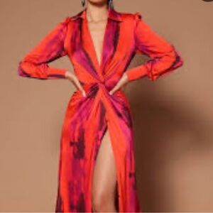 Fashion Nova Orange and Pink Long Sleeve Twist Front Maxi Dress